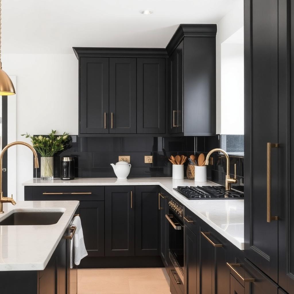 Modern kitchen refurbishment with dark cabinetry and gold fixtures