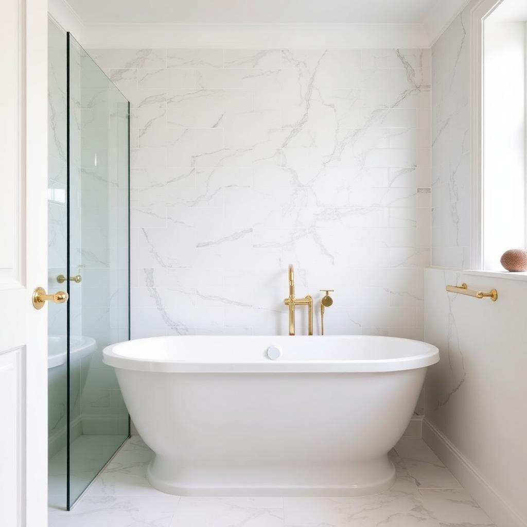 Marble bathroom renovation with brass fittings