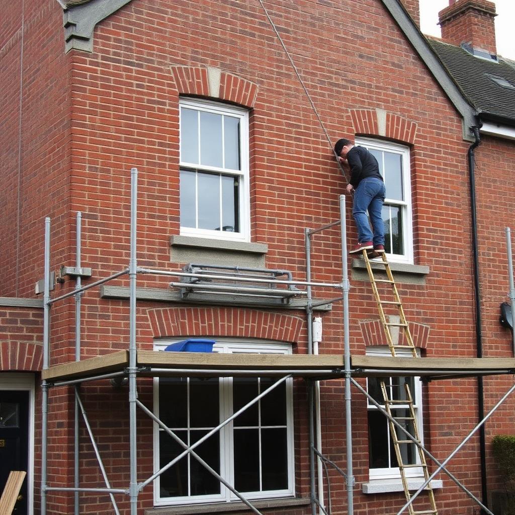 Exterior renovation with scaffolding on a brick UK property