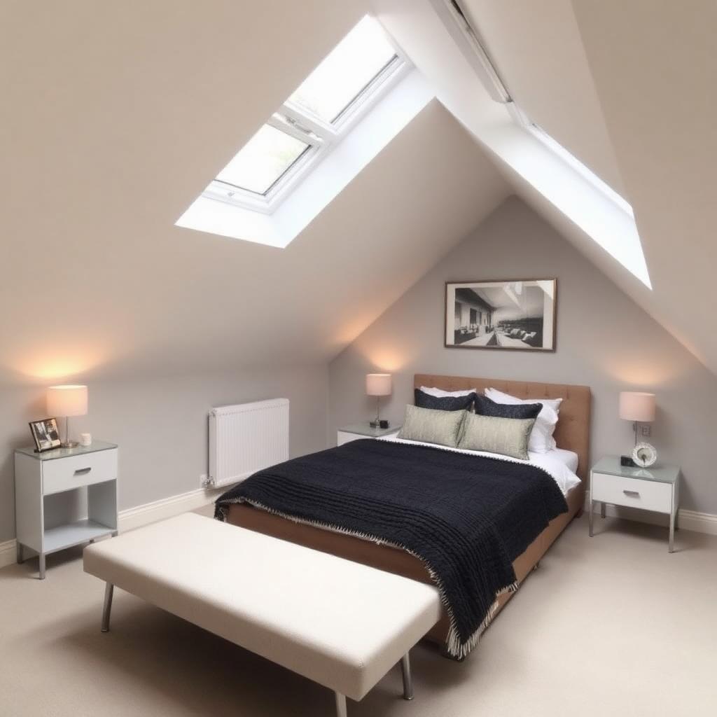 Loft conversion bedroom with skylights